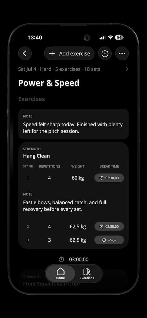 Axletic workout screen showing exercise notes and recorded sets