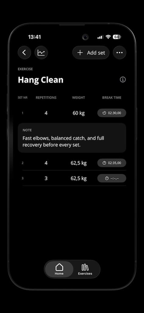 Axletic set logging screen for a Hang Clean exercise